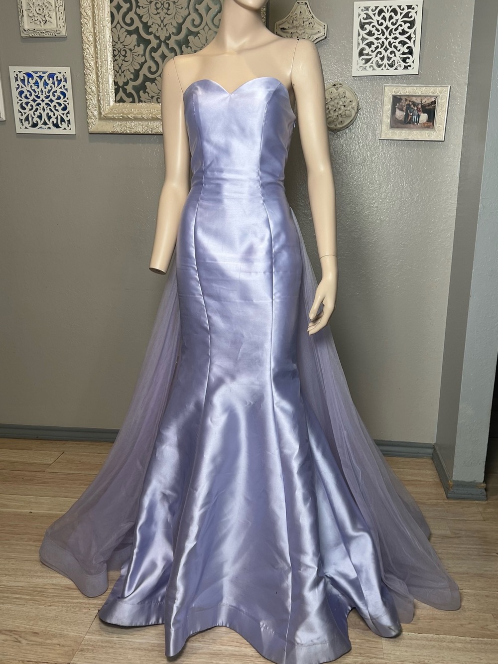 Strapless Lavender Satin Mermaid Gown With Attached Overskirt